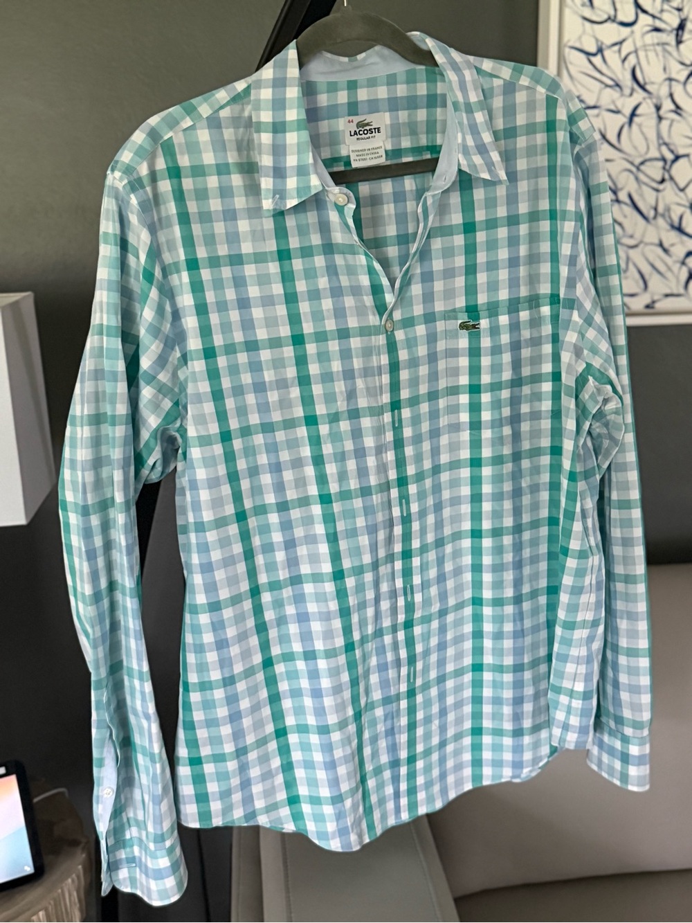 Lacoste Men's Blue & Green Gingham Button-Down Shirt - Picture 2 of 5